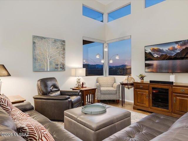 living room featuring a towering ceiling and light hardwood / wood-style flooring