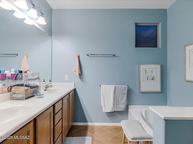 bathroom featuring tile patterned flooring, vanity, and a tub to relax in