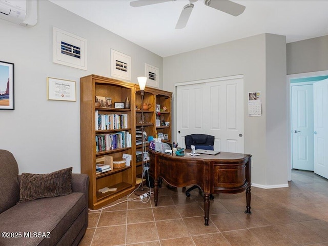 office with ceiling fan, tile patterned floors, and an AC wall unit