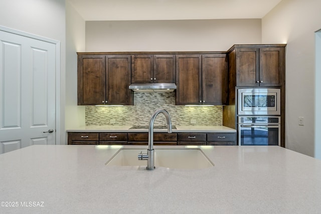 kitchen featuring decorative backsplash, sink, dark brown cabinetry, and appliances with stainless steel finishes