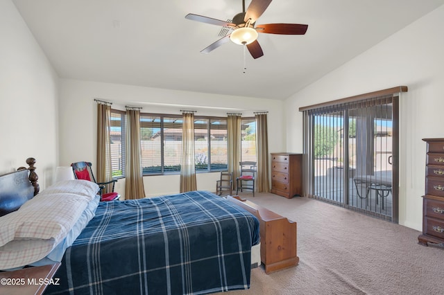 bedroom with multiple windows, carpet floors, vaulted ceiling, and access to outside