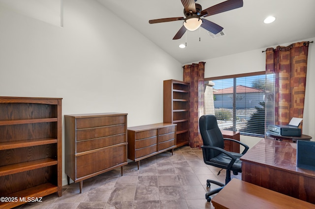 office area with lofted ceiling and ceiling fan