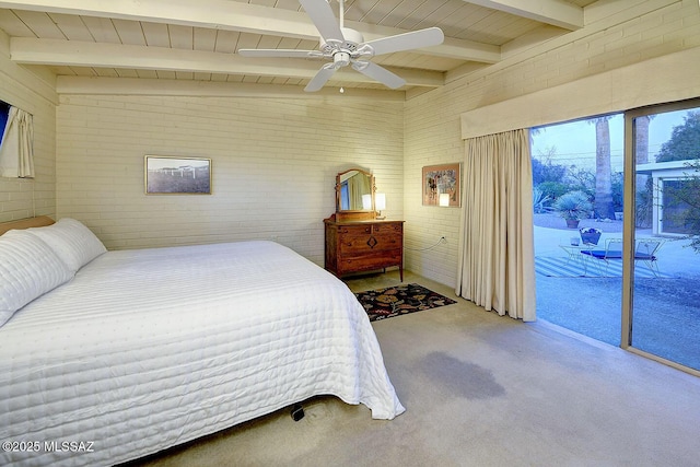 carpeted bedroom with brick wall, beamed ceiling, access to outside, wood ceiling, and a ceiling fan