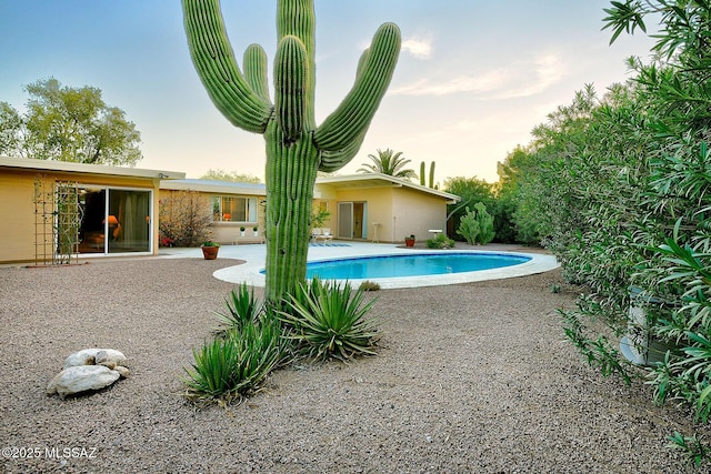 pool at dusk featuring a patio area and an outdoor pool