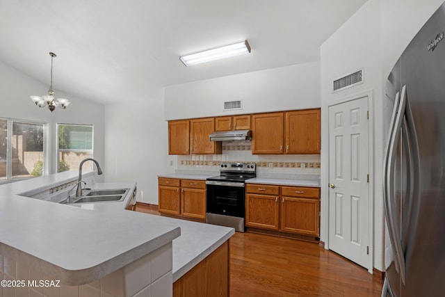 kitchen featuring pendant lighting, sink, appliances with stainless steel finishes, a kitchen island with sink, and tasteful backsplash