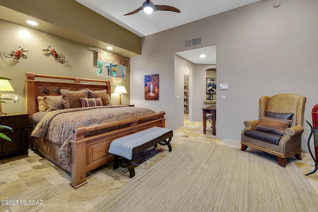 bedroom with vaulted ceiling and ceiling fan