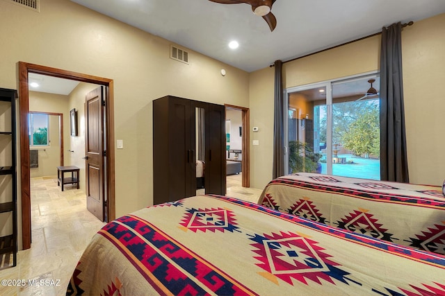 bedroom featuring ceiling fan and access to outside