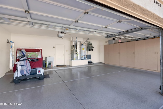 garage featuring water heater, a garage door opener, and heating unit