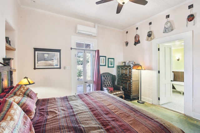 bedroom featuring crown molding, a wall mounted air conditioner, connected bathroom, and ceiling fan