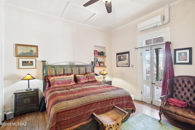 bedroom with ceiling fan, an AC wall unit, crown molding, and wood-type flooring