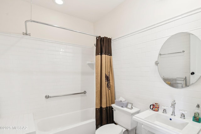 full bathroom featuring shower / bath combo, tile walls, sink, toilet, and decorative backsplash