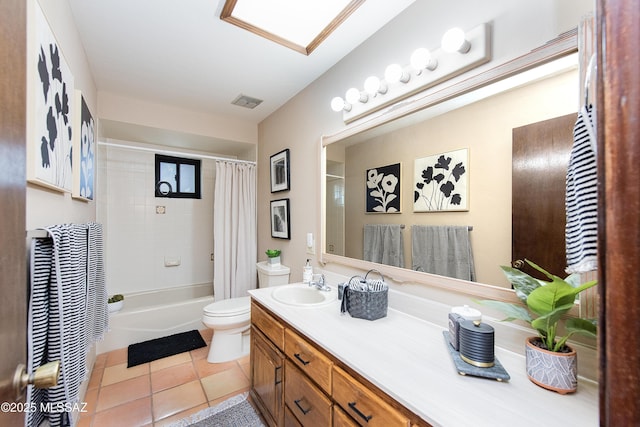 full bathroom with toilet, tile patterned flooring, shower / bath combination with curtain, and vanity