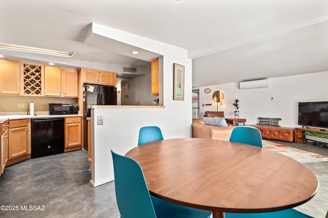 dining room featuring an AC wall unit and beamed ceiling