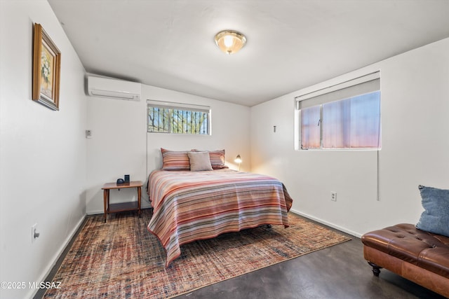 bedroom with lofted ceiling and a wall unit AC