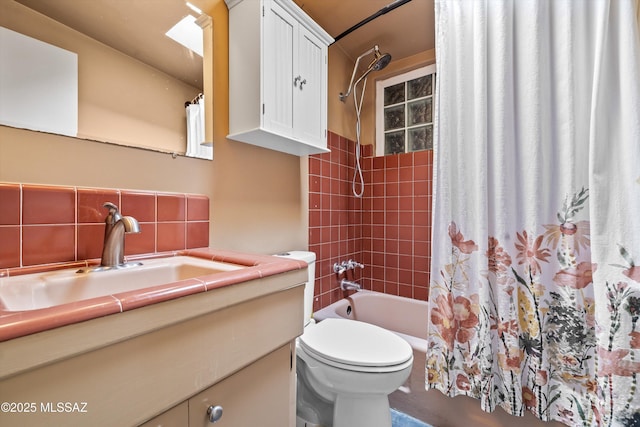 full bathroom with toilet, tasteful backsplash, shower / tub combo with curtain, and vanity