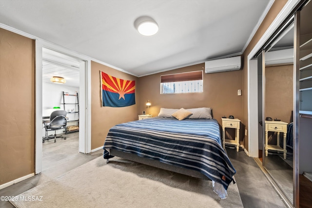 bedroom featuring concrete floors, a wall unit AC, and baseboards