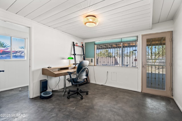 home office featuring concrete floors, wood ceiling, and baseboards