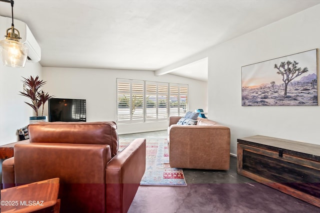 living room with a wall mounted air conditioner and vaulted ceiling with beams