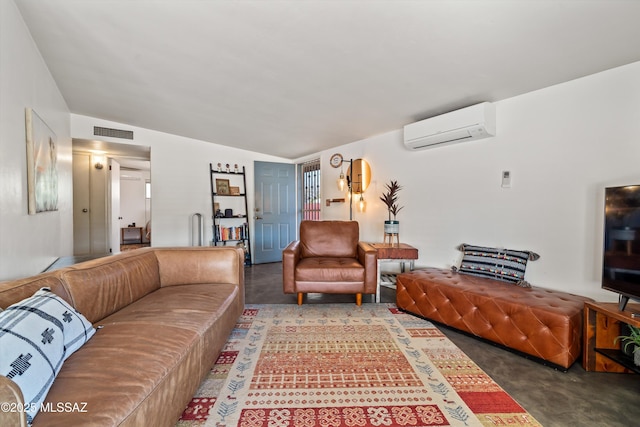 living room featuring an AC wall unit and lofted ceiling