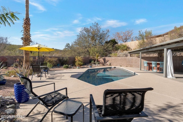 view of swimming pool with a patio area and exterior bar