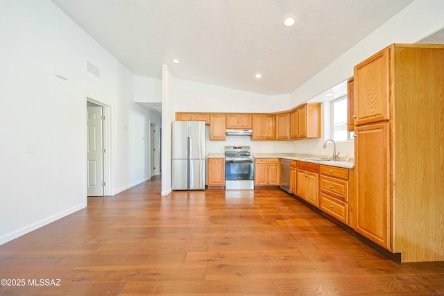 kitchen with sink, wood-type flooring, high vaulted ceiling, and stainless steel appliances