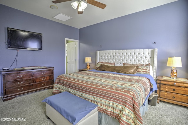 bedroom featuring light carpet and ceiling fan