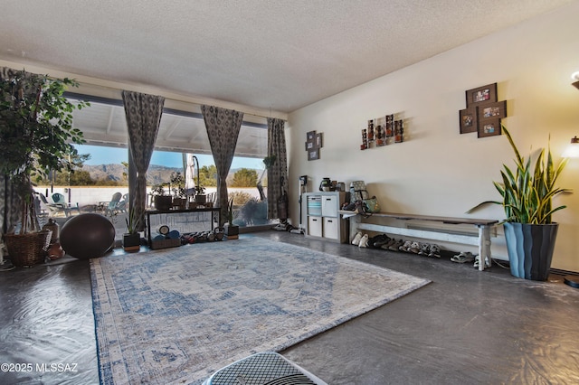 living room featuring a textured ceiling