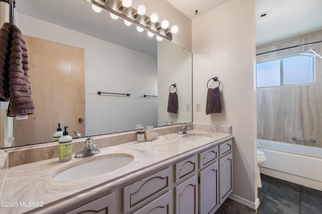 full bathroom with toilet, bathtub / shower combination, tile patterned flooring, and vanity