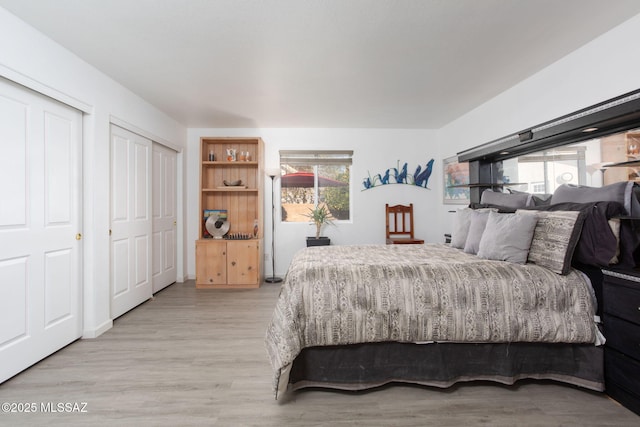 bedroom featuring light wood-type flooring and two closets