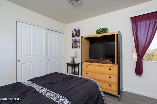 bedroom featuring dark wood-type flooring and a closet