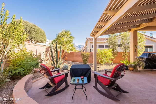 view of patio with area for grilling and a pergola