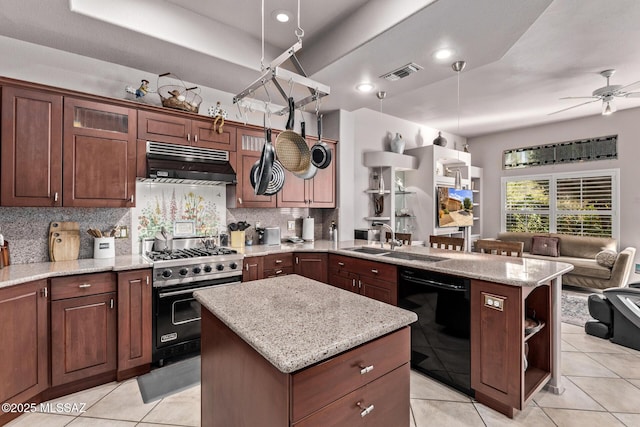 kitchen with a kitchen island, designer stove, dishwasher, and premium range hood