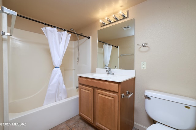 full bathroom with tile patterned flooring, vanity, shower / bath combo, and toilet