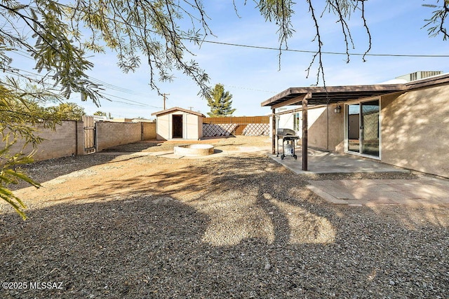 view of yard featuring a patio area and a storage unit