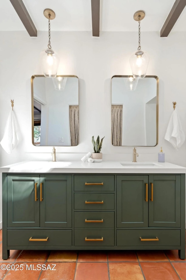 bathroom with vanity, tile patterned floors, and beamed ceiling