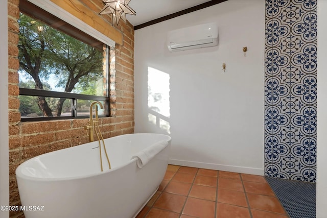 bathroom featuring tile patterned flooring, a bath, ornamental molding, and a wall unit AC