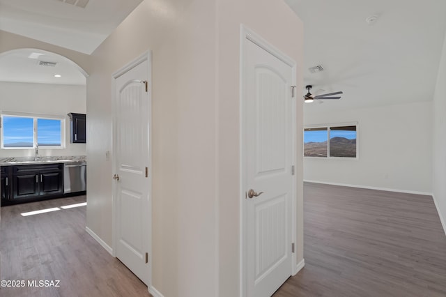 hallway featuring wood-type flooring and sink