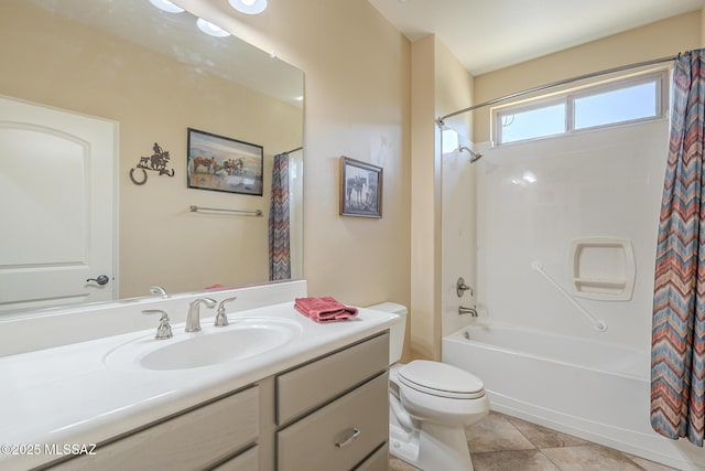 full bathroom featuring vanity, toilet, tile patterned floors, and shower / tub combo with curtain