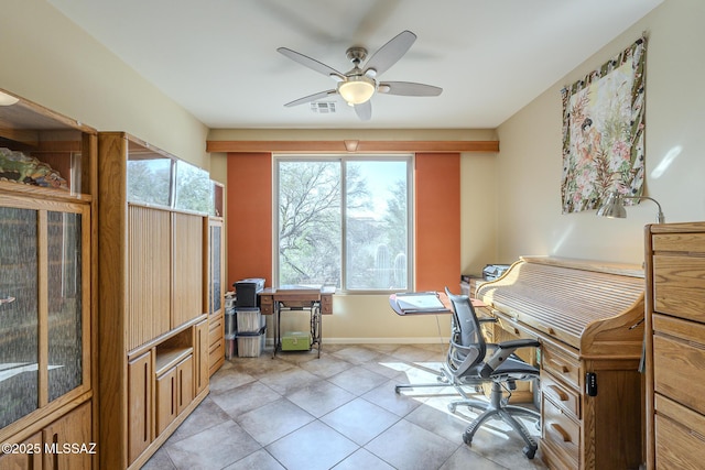 office area featuring light tile patterned floors and ceiling fan