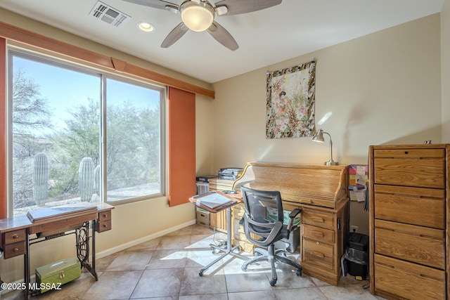 tiled office with ceiling fan