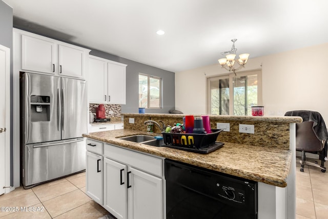 kitchen with sink, white cabinetry, stainless steel fridge with ice dispenser, black dishwasher, and a center island with sink