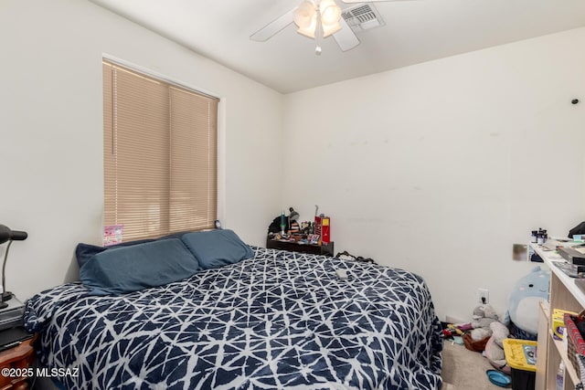 bedroom with ceiling fan and carpet