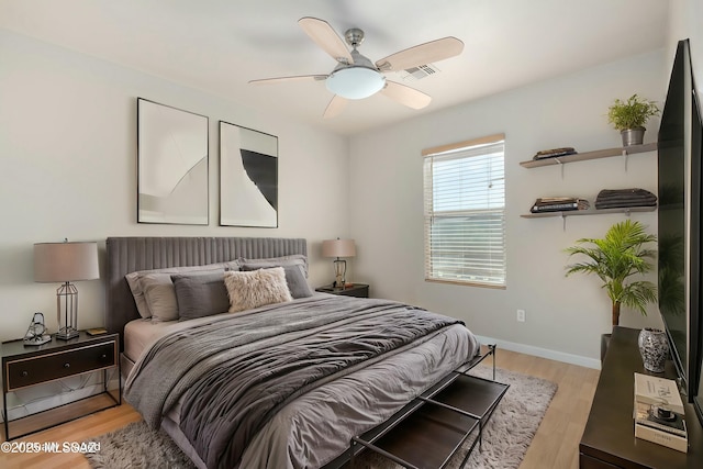 bedroom featuring ceiling fan and light wood-type flooring