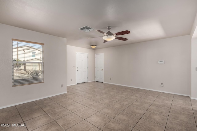 unfurnished room featuring visible vents, baseboards, and a ceiling fan