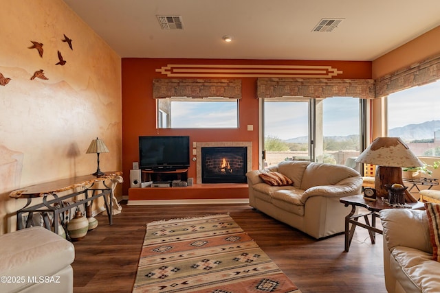 living room with dark wood-type flooring