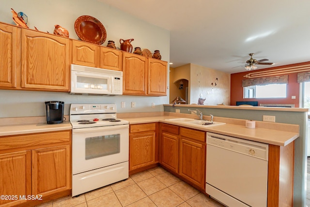 kitchen featuring sink, white appliances, light tile patterned floors, kitchen peninsula, and ceiling fan