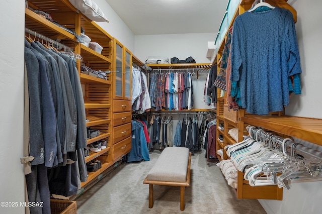 walk in closet featuring light colored carpet