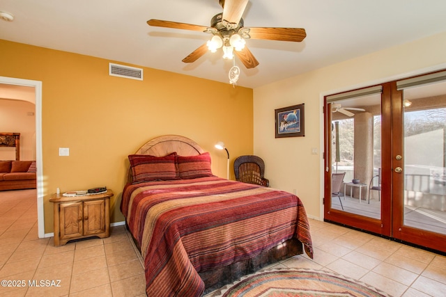 tiled bedroom with french doors, ceiling fan, and access to outside