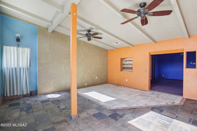 interior space featuring vaulted ceiling with beams