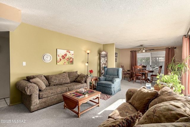 carpeted living room with a textured ceiling